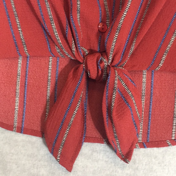 MONTEAU Brick Red Classic Style 2 Pocket Tie Front V-Neck Long Sleeve Shirt - Picture 9 of 14